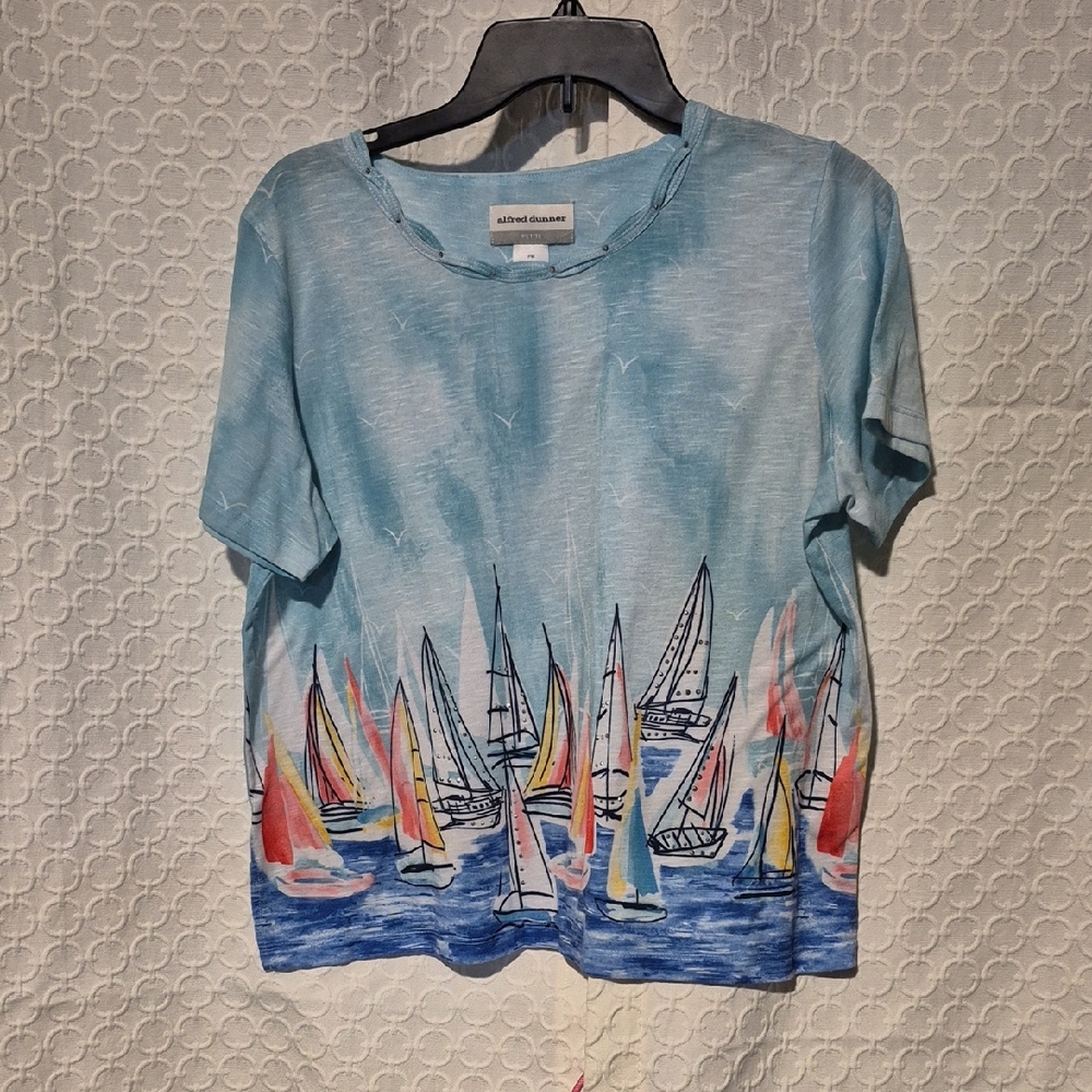 Alfred Dunner Petite Artistic Medium Blue Sailboat Print Tee